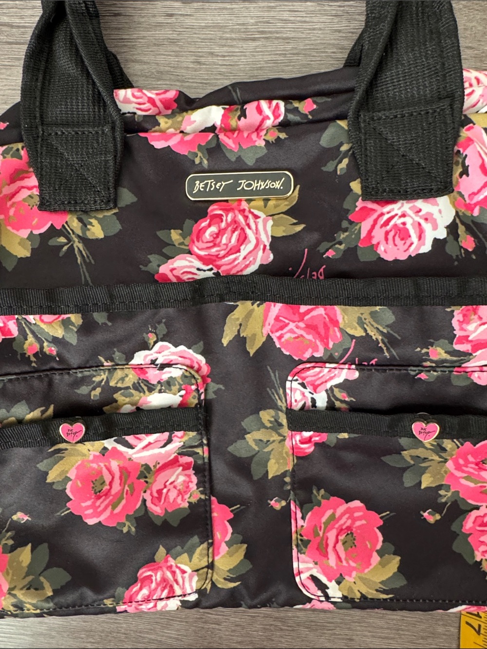 Betsey Johnson Black Tote with Pink Rose Print - Picture 5 of 8